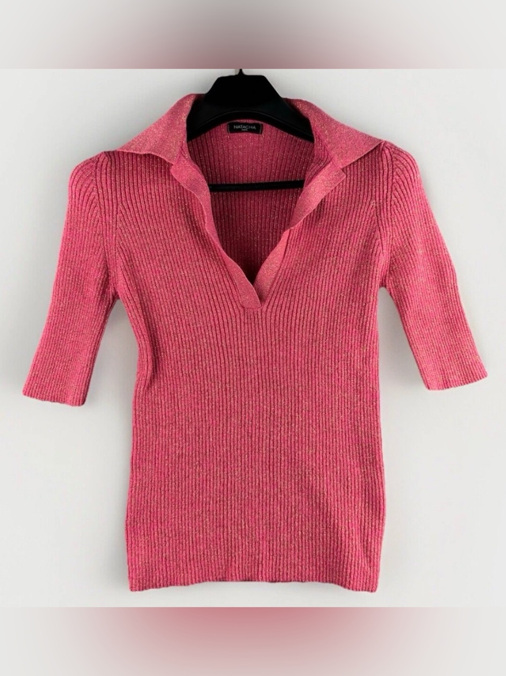 Natacha Paris Women's Top Sz Medium Pink Gold Ribbed Italian Sweater Barbiecore